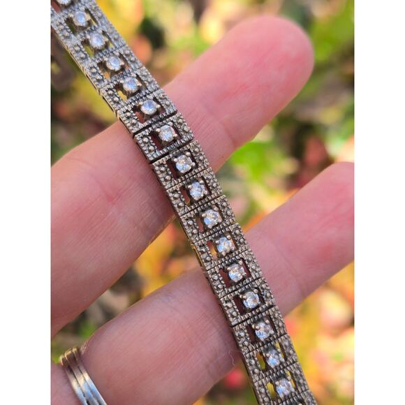 Vintage Sterling Silver Marcasite & Clear Crystal Choker Necklace & Bracelet Set - Picture 9 of 10
